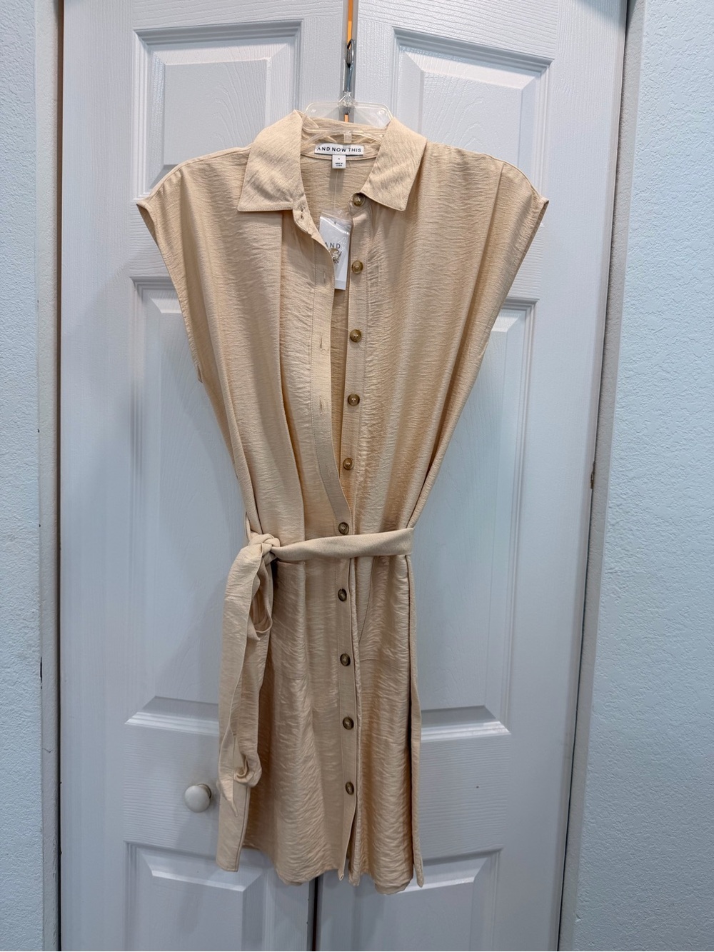 Cream Button-Front Shirt Dress with Tie Belt